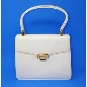 Koret Vintage 1950 1960s Mid Century Two Tone Clasp White Leather Top Handle Bag